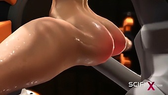 丰满的金发女郎在未来的实验室里与机器人进行激烈的性活动